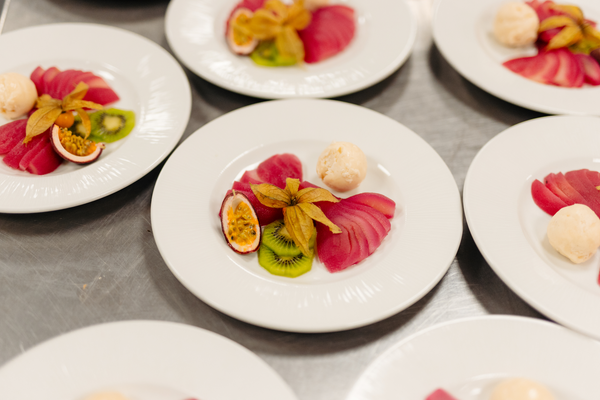 Rows of a fruit salad dessert